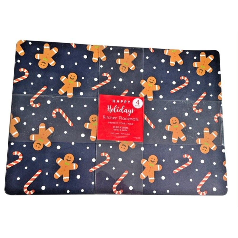 Christmas Placemats Gingerbread Men Set of 4 Vinyl Foam Back Navy Holiday 13x18"